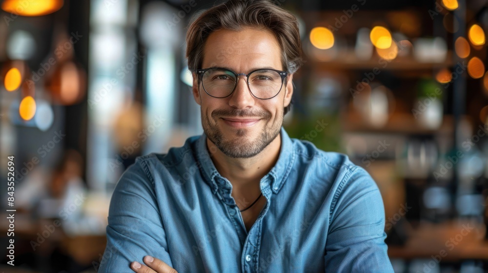 A man with a warm smile and glasses looks directly at the camera A man with a warm smile and glasses looks directly at the camera