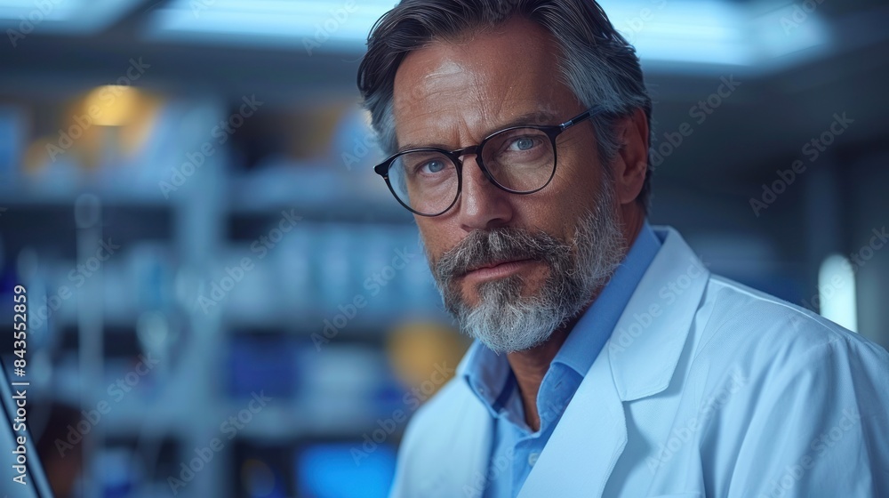 Fototapeta premium A male scientist in a lab coat looks intently at the camera