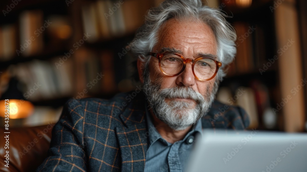 A senior man with grey hair and a beard wears glasses while working on a laptop in a library A senior man with grey hair and a beard wears glasses while working on a laptop in a library
