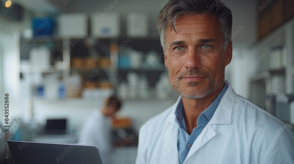 A male scientist in a lab coat stands in a lab setting, looking confidently at the camera A male scientist in a lab coat stands in a lab setting, looking confidently at the camera