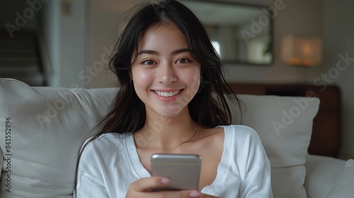 A woman in a white shirt sits on a couch, smiling and looking at the camera while using her smartphone