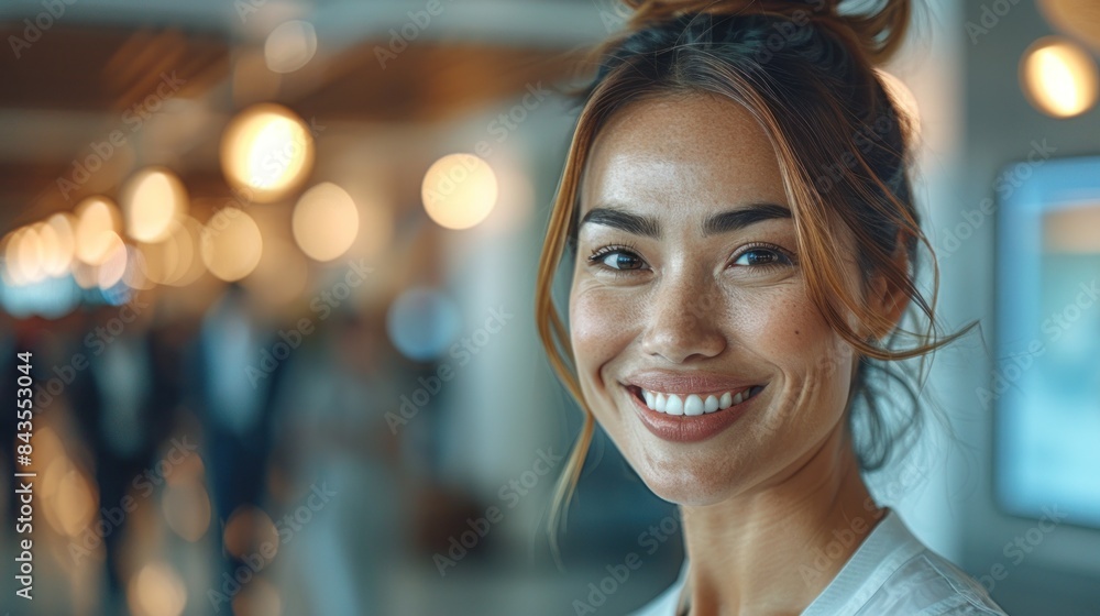 Obraz premium A woman smiles warmly in a close-up portrait