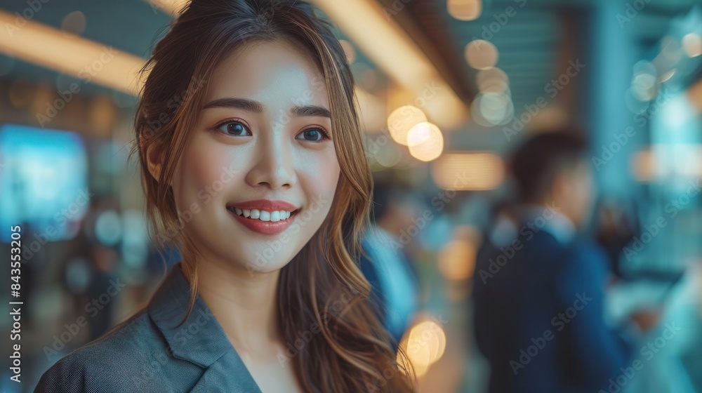 A young woman with long brown hair smiles at the camera while standing in an office A young woman with long brown hair smiles at the camera while standing in an office