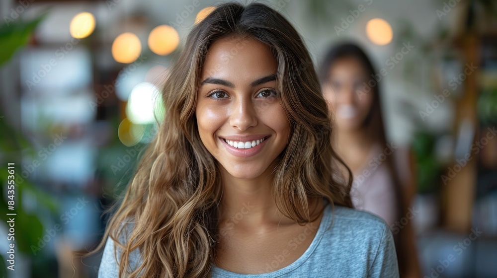 A young woman with long brown hair smiles broadly in a cafe setting A young woman with long brown hair smiles broadly in a cafe setting