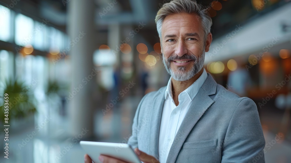 A mature man in a suit uses a tablet while smiling in a modern office setting A mature man in a suit uses a tablet while smiling in a modern office setting