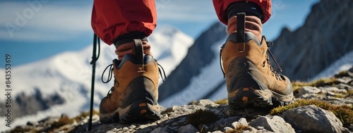 Trekking boots and a rucksack make their way up a challenging alpine route.