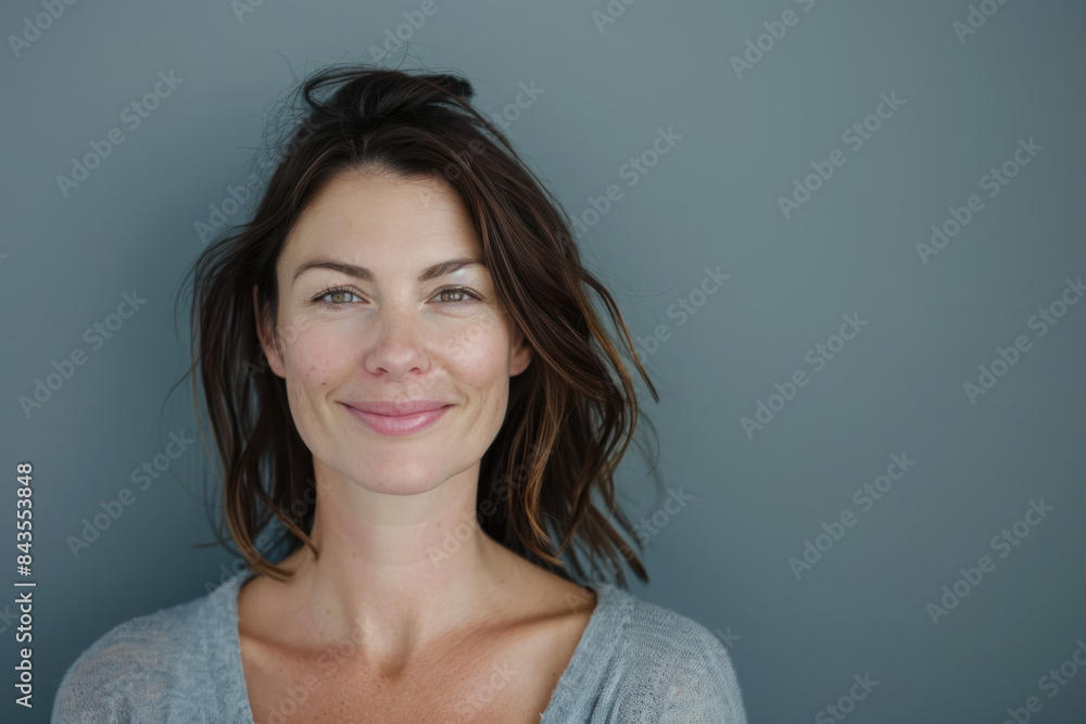 A close up portrait of a young woman with a subtle smile A close up portrait of a young woman with a subtle smile