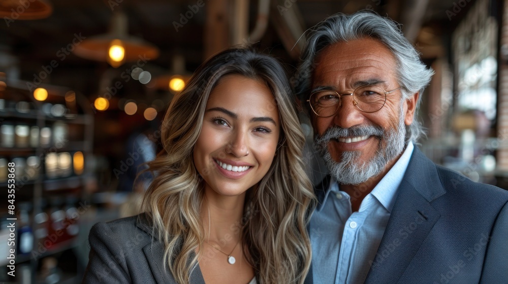 A man and woman smile for a photo while standing in a restaurant