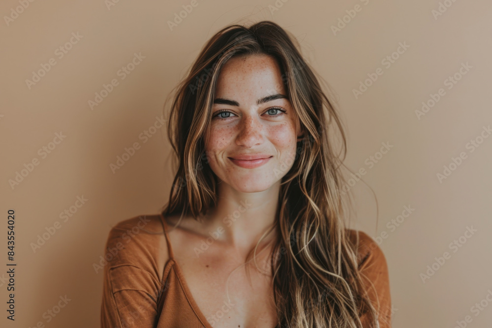 A close up portrait of a young woman with a subtle smile A close up portrait of a young woman with a subtle smile