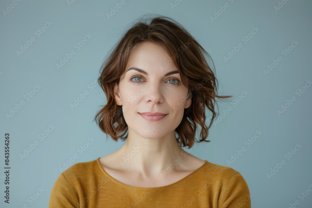 A close up portrait of a young woman with a subtle smile A close up portrait of a young woman with a subtle smile