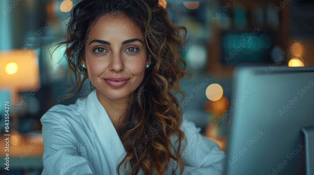 A young woman with long curly hair smiles while working on a computer A young woman with long curly hair smiles while working on a computer