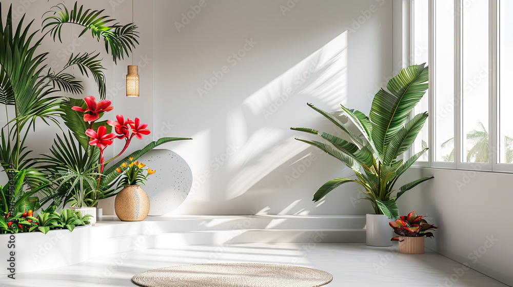 Interior of the living room with white walls, white floor, large windows and tropical plants in pots. 3d rendering