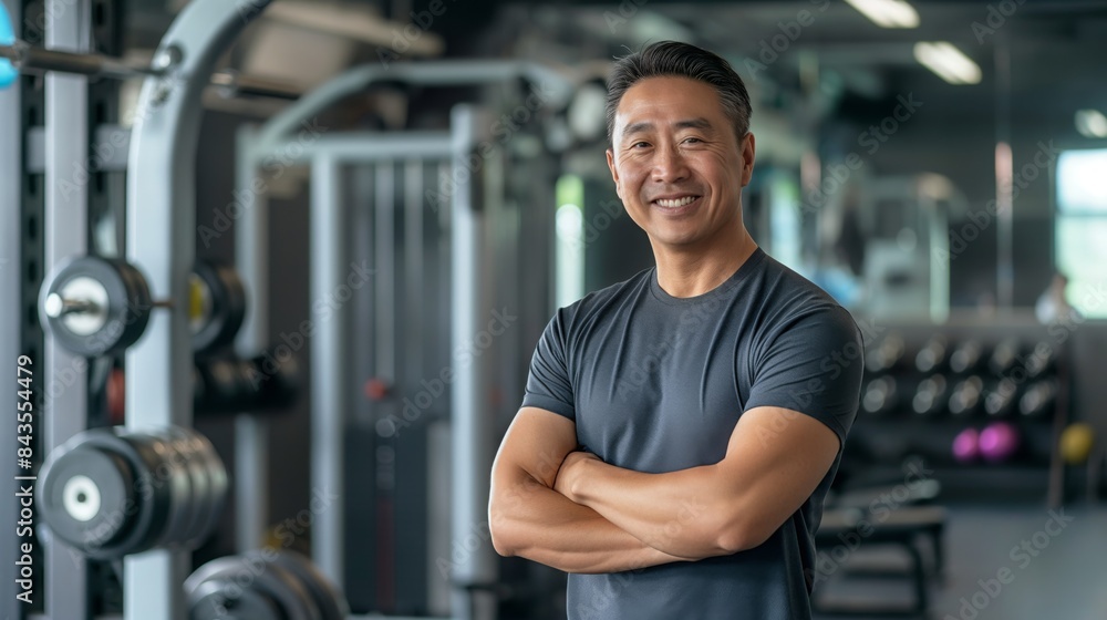 Middle-Aged Chinese Male Fitness Trainer in Gym Setting, Strength and Health Concept for Fitness Posters and Print Designs Middle-Aged Chinese Male Fitness Trainer in Gym Setting, Strength and Health Concept for Fitness Posters and Print Designs