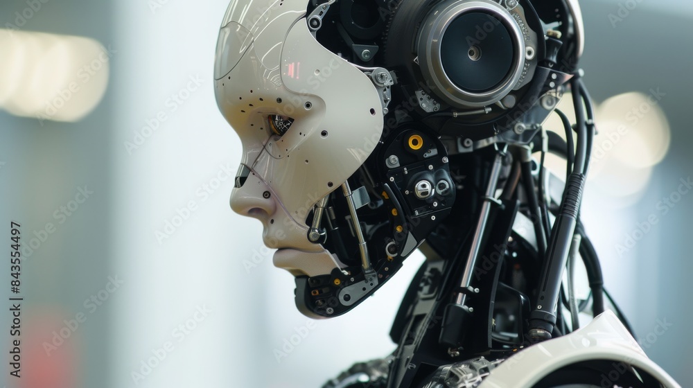 Fototapeta premium Profile View of Complex Humanoid Robot with Exposed Mechanics. Robot guide