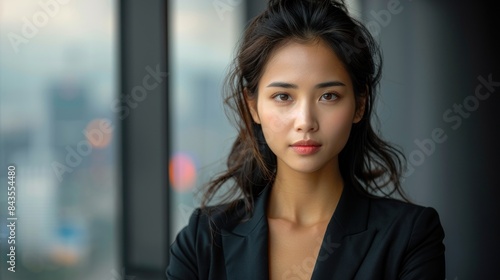 A young woman with long dark hair looks directly at the camera while wearing a black blazer