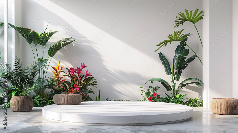 Minimalist white podium with tropical plantsle floor. 3D rendering Minimalist white podium with tropical plantsle floor. 3D rendering
