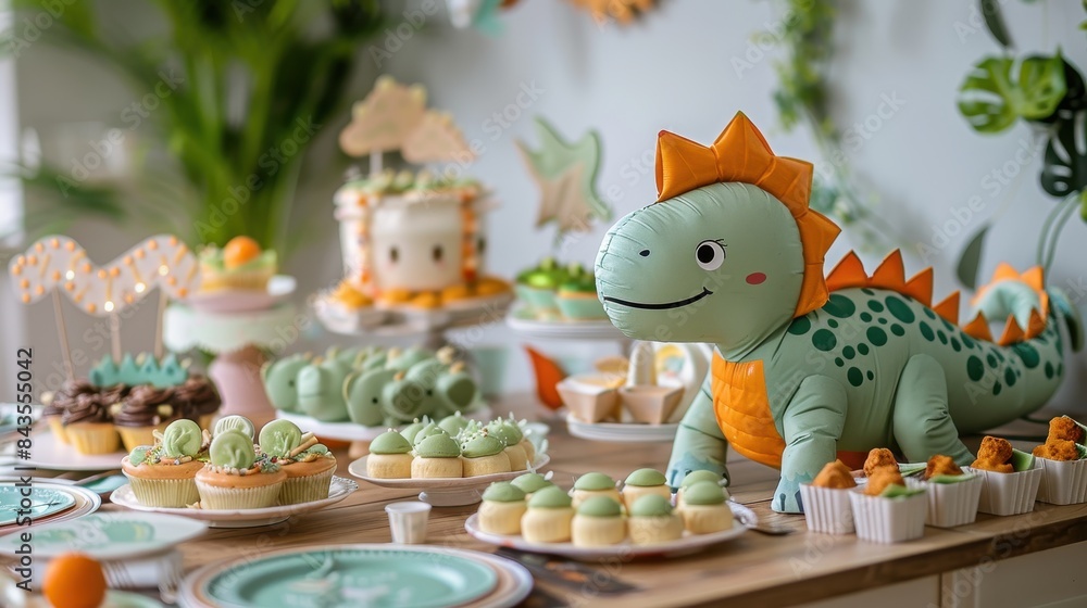 A table with a green dinosaur toy and a cake with a dinosaur on it A table with a green dinosaur toy and a cake with a dinosaur on it