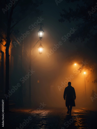 Silhouette of a man walking down the street at night