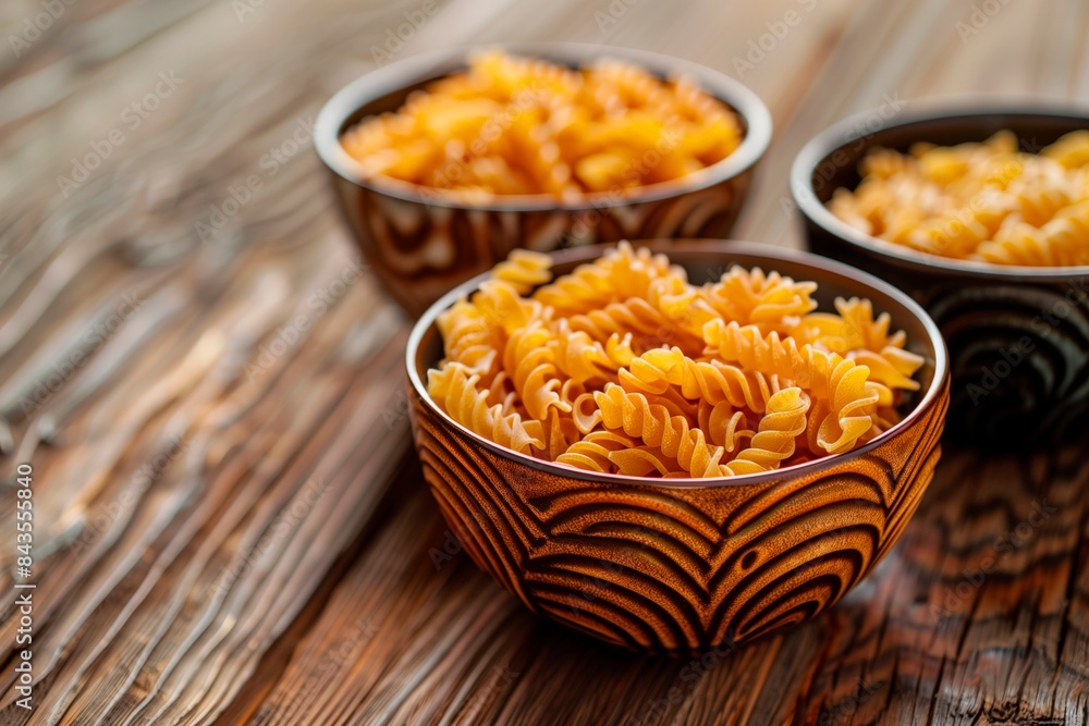 Uncooked pasta in terracotta bowls. Copy space. Side view Uncooked pasta in terracotta bowls. Copy space. Side view