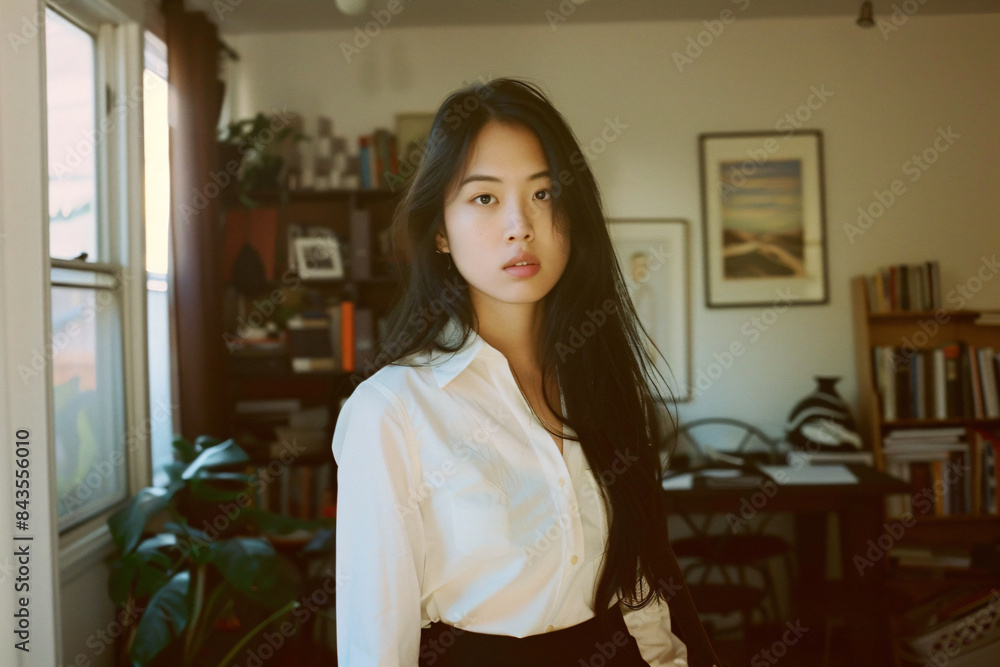 a woman standing in a room with a book shelf a woman standing in a room with a book shelf