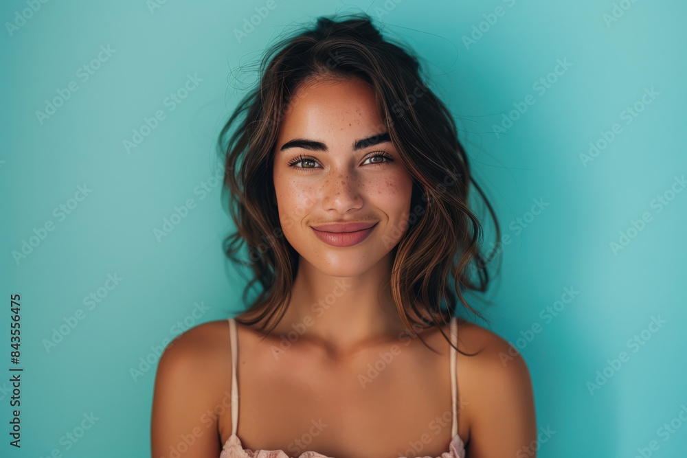 A close up portrait of a young woman with a subtle smile A close up portrait of a young woman with a subtle smile