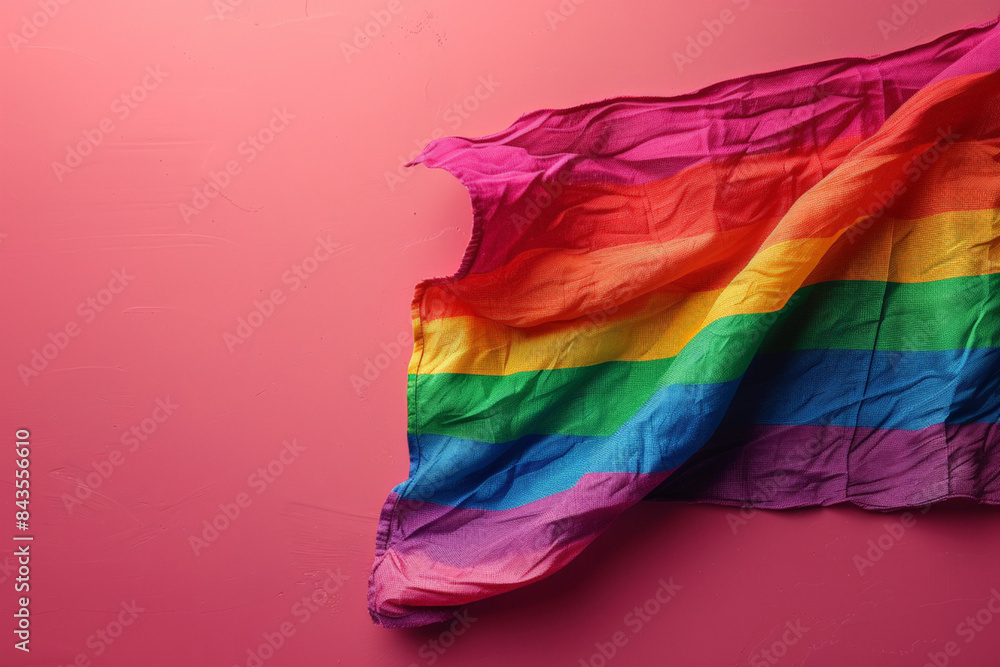 Rainbow pride flag on vivid pink background with copy space for promotional material, advertisement Rainbow pride flag on vivid pink background with copy space for promotional material, advertisement