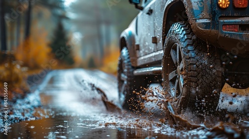 A dirty truck is driving down a wet road