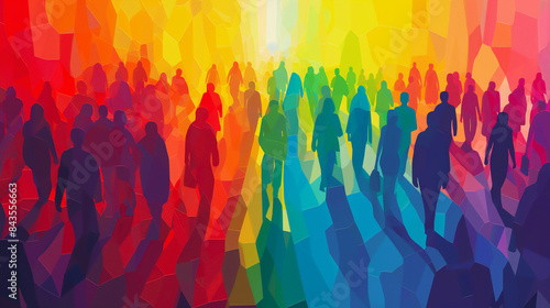 Diverse People Walking on a Street, Pop Art Color Block Painting. Equality, Human Rights, Modern Society, Globalisation. Pride March, LGBTQ+ community, Festival. Audience, Crowd, Citizens, Humans