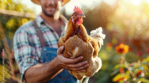 the farmer holds a chicken in his hands. Selective focus