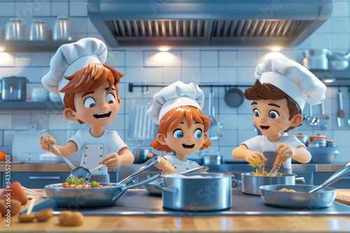 Animated children learning cooking in a 3D kitchen, culinary skills theme, space for cooking classes for kids