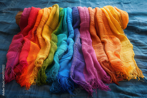 Rainbow scarves with fringed edges arranged on blue crinkled fabric