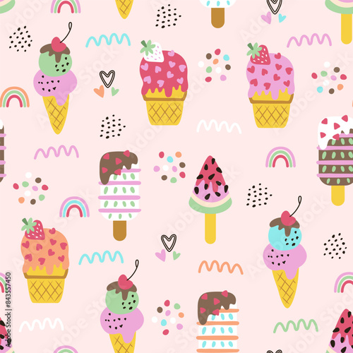 Summer seamless pattern with hand drawn colourful ice cream. Modern texture for fabric, textile, wallpaper. Vector illustration.