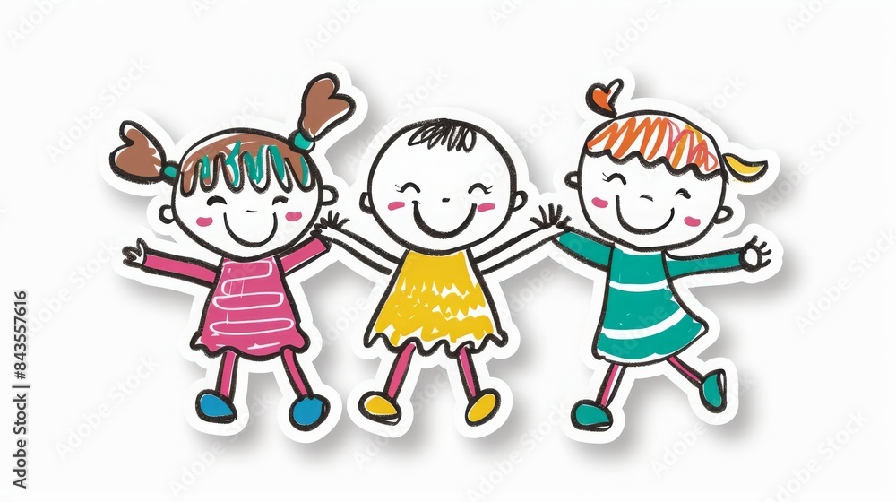 flat sticker design, happy kids, smiling faces, the sticker has thick bold white outline, white background, 16:9 flat sticker design, happy kids, smiling faces, the sticker has thick bold white outline, white background, 16:9
