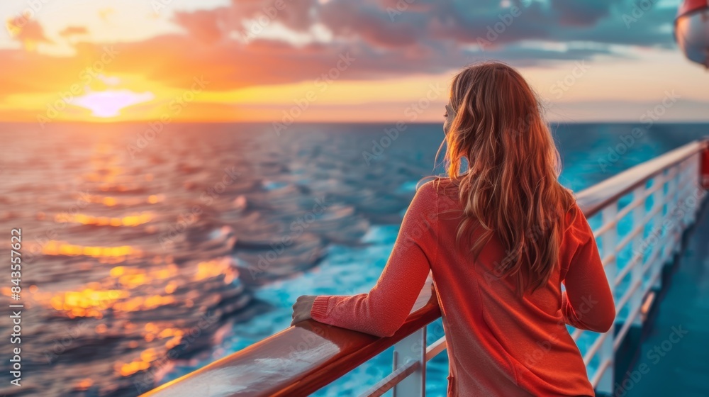 Fototapeta premium A woman standing on a cruise ship's deck at sunset, looking out over the ocean, symbolizing tranquility and escape. The concept is travel and serenity.