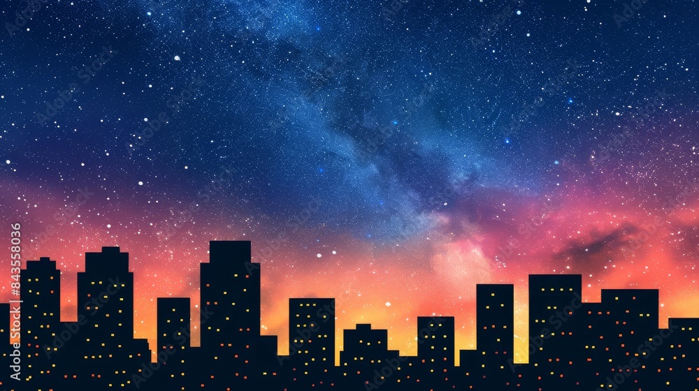 Cityscape under a star-filled sky with the Milky Way visible. The concept is the beauty of nature during a power outage. Cityscape under a star-filled sky with the Milky Way visible. The concept is the beauty of nature during a power outage.