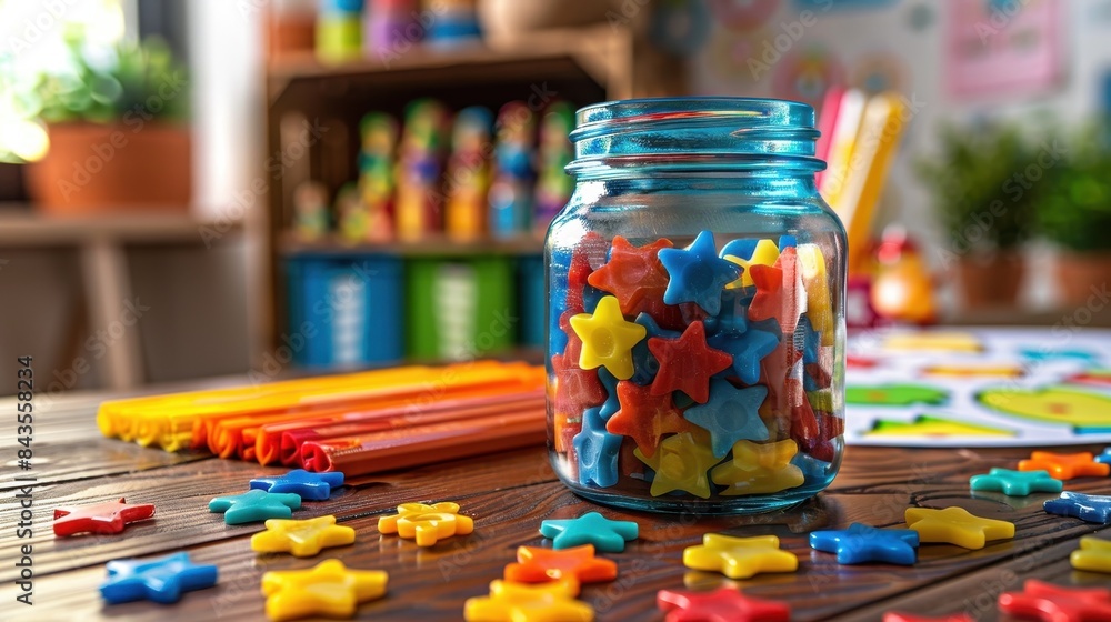 A jar full of colorful stars sits on a table A jar full of colorful stars sits on a table