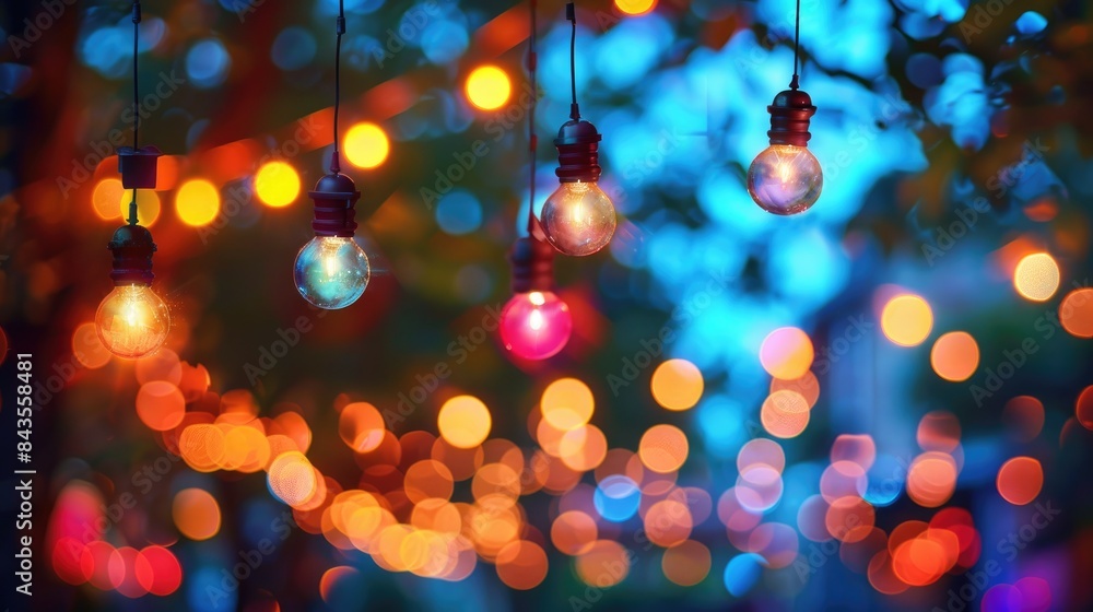A bunch of colorful lights hanging from a tree A bunch of colorful lights hanging from a tree