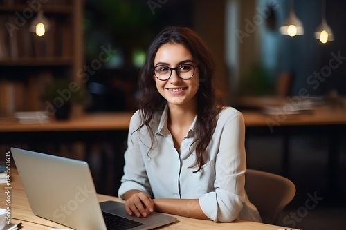 Remote Learning Success: Young Woman Student Intern Smiles Studying Online at Office Desk, blurred background