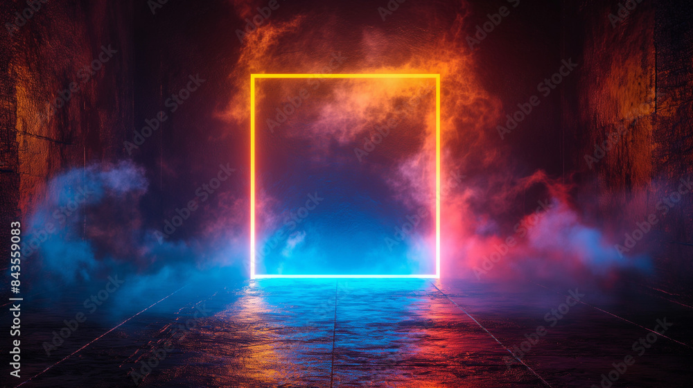 Illuminated neon square frame on dark background