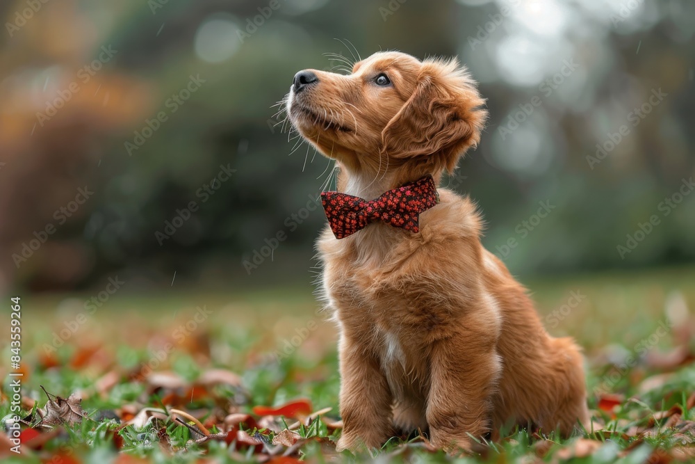 A fluffy golden retriever puppy sitting on a green lawn, wearing a red bow tie and looking up with big, curious eyes A fluffy golden retriever puppy sitting on a green lawn, wearing a red bow tie and looking up with big, curious eyes