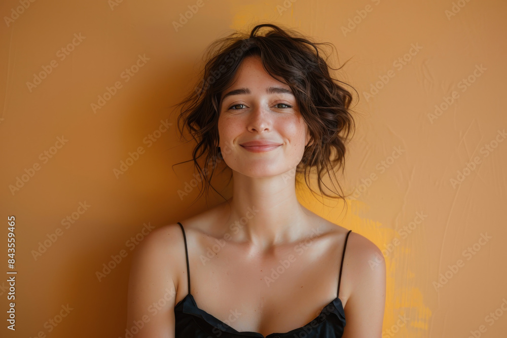 A close up portrait of a young woman with a subtle smile A close up portrait of a young woman with a subtle smile