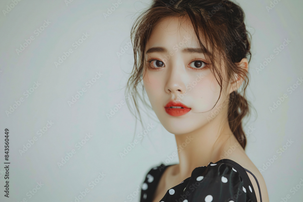 a woman with a red lipstick and a polka dot dress a woman with a red lipstick and a polka dot dress