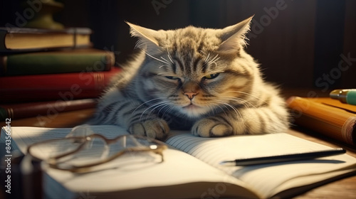 tired cat wearing spectacles writing on list with quill