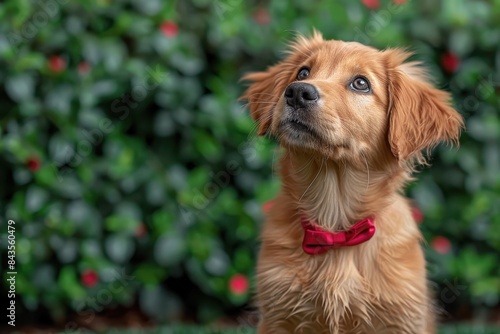 A fluffy golden retriever puppy sitting on a green lawn, wearing a red bow tie and looking up with big, curious eyes 
