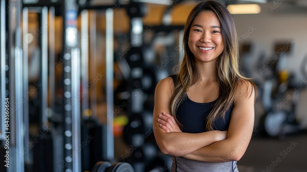 Obraz premium Young East Asian Female Fitness Trainer in Gym, Promoting Health and Wellness, Suitable for Fitness Blogs, Marketing Materials, and Fitness Education