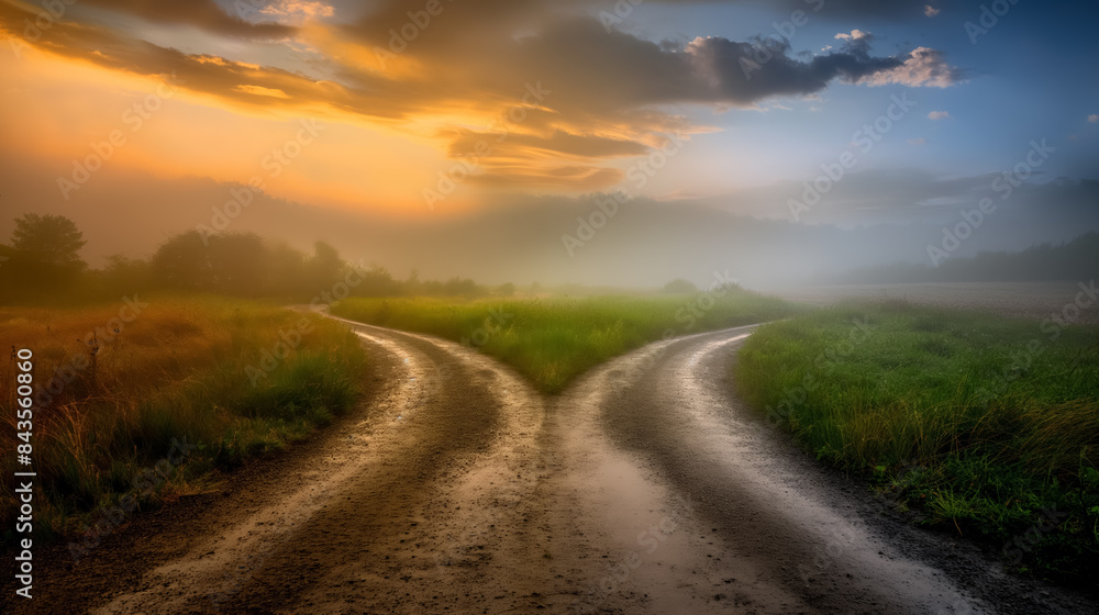 Misty countryside road at a fork, surrounded by lush greenery and dramatic skies at sunrise, creating a peaceful and reflective mood. Misty countryside road at a fork, surrounded by lush greenery and dramatic skies at sunrise, creating a peaceful and reflective mood.