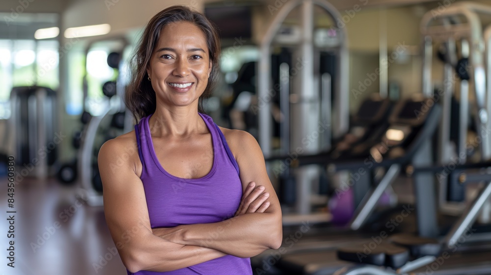 Middle Aged Bangladeshi Female Fitness Trainer in Purple Top at Modern Gym, Health and Wellness, Empowerment Concept Middle Aged Bangladeshi Female Fitness Trainer in Purple Top at Modern Gym, Health and Wellness, Empowerment Concept