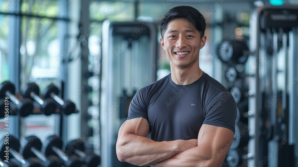 Korean Male Fitness Trainer Standing with Crossed Arms, Smiling in Modern Gym - Fitness and Health Motivation Korean Male Fitness Trainer Standing with Crossed Arms, Smiling in Modern Gym - Fitness and Health Motivation