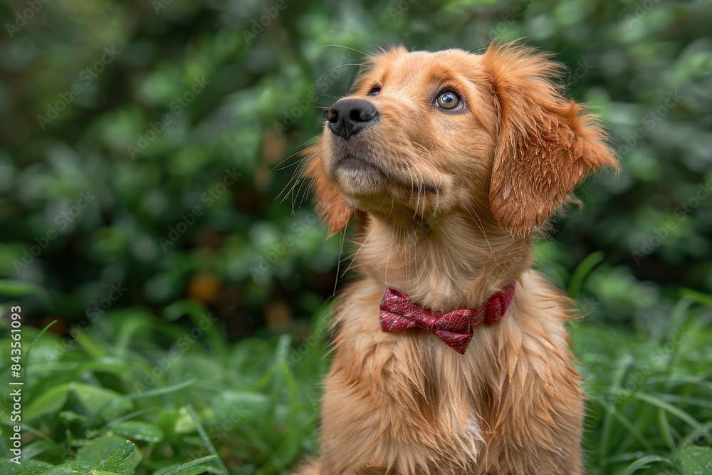 A fluffy golden retriever puppy sitting on a green lawn, wearing a red bow tie and looking up with big, curious eyes A fluffy golden retriever puppy sitting on a green lawn, wearing a red bow tie and looking up with big, curious eyes
