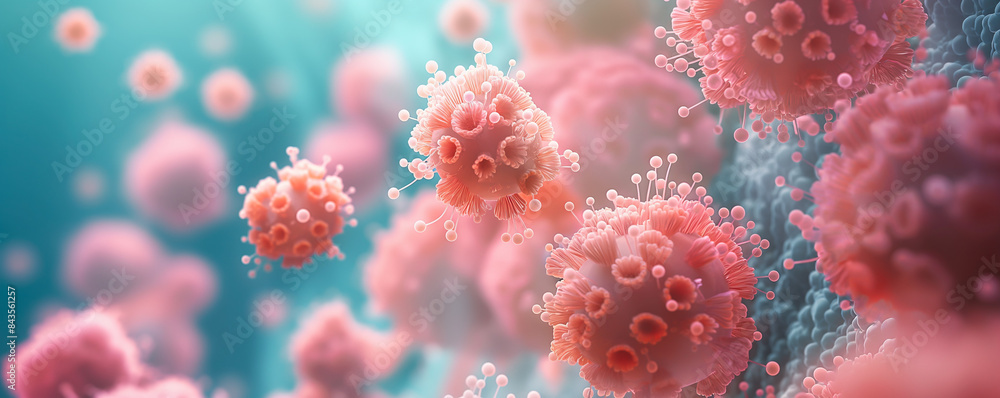 Microscopic View of Virus Particles, Macro Close Up. Colourful Glow, Scary, Mystical. Bacteria Infection, Disease, Contamination. Biology, Science, Medicine. Cleaner, Washing Detergent, Immune System